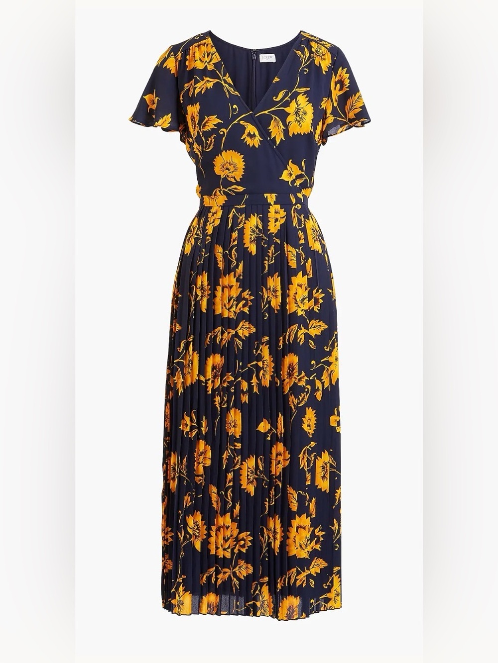 J. Crew Navy Pleated Midi Dress with Yellow Floral Print